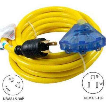 CONNTEK Conntek 20311-025, 25', 30A, Generator Locking Ext. Cord w/NEMA L5-30P to 5-15R*3, Lighted End 20311-025